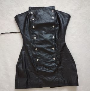 Black leather lace up corset strapless silver studded mini dress